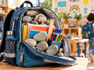 Geöffneter Schulrucksack voller Steine, Schulhefte und Stifte in einem hellen Grundschulraum. Im Hintergrund sind Kinder zu sehen.