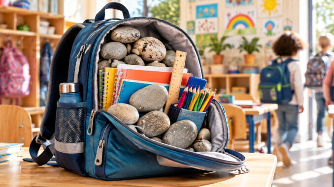 Geöffneter Schulrucksack voller Steine, Schulhefte und Stifte in einem hellen Grundschulraum. Im Hintergrund sind Kinder zu sehen.