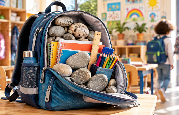 Geöffneter Schulrucksack voller Steine, Schulhefte und Stifte in einem hellen Grundschulraum. Im Hintergrund sind Kinder zu sehen.