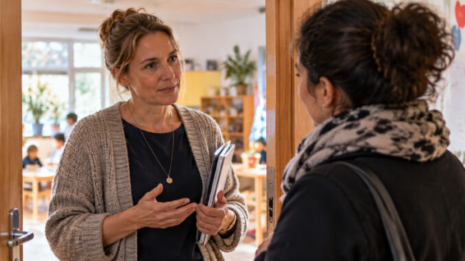 Eine Leitungsperson spricht im Türrahmen eines pädagogischen Gruppenraums mit einer Mutter. Sie hält Unterlagen in der Hand und hört der Besucherin aufmerksam zu. Im Hintergrund sind Kinder und ein heller Gruppenraum zu erkennen.