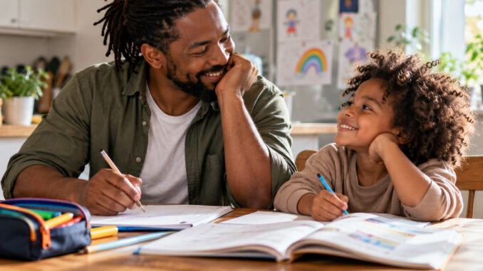 Ein Vater und sein Grundschulkind sitzen entspannt am Küchentisch und lächeln sich an. Vor ihnen liegen ein Schulheft, ein aufgeschlagenes Schulbuch und eine Federmappe.
