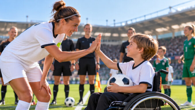 Eine Fußballkapitänin beugt sich auf Augenhöhe zu einem Jungen im Rollstuhl und gibt ihm ein High-Five. Im Hintergrund stehen Spieler*nnen, Schiedsrichter*innen und Einlaufkinder auf dem Fußballplatz.