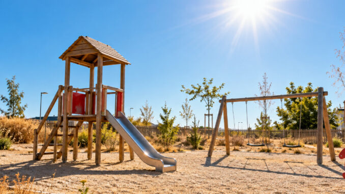 Menschenleerer Spielplatz ohne Sonnenschutz in der glühenden Mittagssonne mit trockener, spärlicher Vegetation. KI-generiertes Bild.