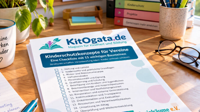 KI-generiertes Bild: Auf einem hellen Holzschreibtisch in einem sonnigen Vereinsbüro liegt eine Checkliste zum Thema Kinderschutzkonzepte für Vereine. Daneben befinden sich unter anderem Laptop, Notizbuch, Stifte, Brille, Kaffeetasse und eine Zimmerpflanze.