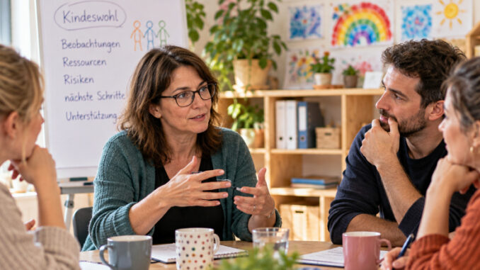 Vier pädagogische Fachkräfte sitzen an einem Tisch in einem hellen Kita-Raum. Eine Frau mit Brille erläutert gestikulierend ihre Gedanken, während drei Kolleg*innen aufmerksam zuhören. Im Hintergrund steht ein Flipchart zum Thema Kindeswohl.