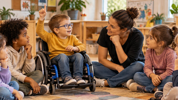 Ein Junge im Rollstuhl meldet sich in einer Gesprächsrunde zu Wort. Eine pädagogische Mitarbeiterin und vier weitere Kinder hören ihm aufmerksam zu.