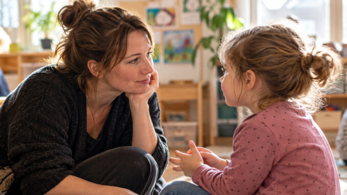Eine pädagogische Mitarbeiterin hört einem Mädchen auf Augenhöhe aufmerksam zu. Im Hintergrund spielen weitere Kinder in einem hellen Kita-Gruppenraum.