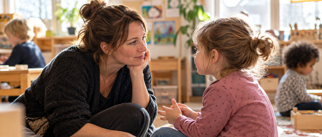 Eine pädagogische Mitarbeiterin hört einem Mädchen auf Augenhöhe aufmerksam zu. Im Hintergrund spielen weitere Kinder in einem hellen Kita-Gruppenraum.