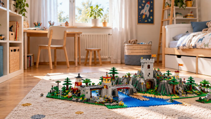 Helles, aufgeräumtes Kinderzimmer mit Spielzeugregalen, Bett und Schreibtisch. Auf dem Teppich steht eine große, aufgebaute Landschaft aus bunten Klemmbausteinen.