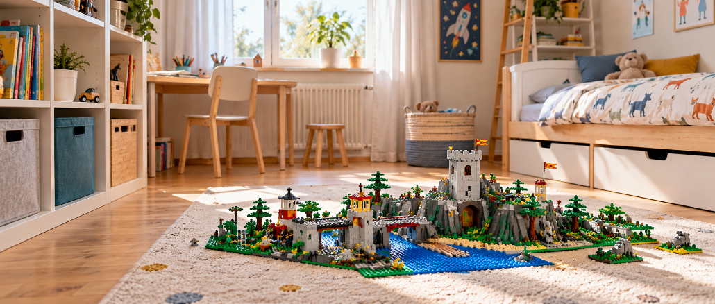 Helles, aufgeräumtes Kinderzimmer mit Spielzeugregalen, Bett und Schreibtisch. Auf dem Teppich steht eine große, aufgebaute Landschaft aus bunten Klemmbausteinen.