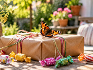 Ein orange-schwarzer Schmetterling sitzt mit ausgebreiteten Flügeln auf einem in braunes Papier gewickelten Geschenkpaket. Das Paket liegt auf einem Holztisch in einem sonnigen Garten, umgeben von Sommerblumen. Auf dem Tisch liegen einige verpackte bunte Bonbons.