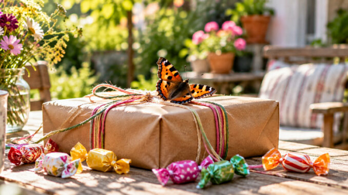 Ein orange-schwarzer Schmetterling sitzt mit ausgebreiteten Flügeln auf einem in braunes Papier gewickelten Geschenkpaket. Das Paket liegt auf einem Holztisch in einem sonnigen Garten, umgeben von Sommerblumen. Auf dem Tisch liegen einige verpackte bunte Bonbons.
