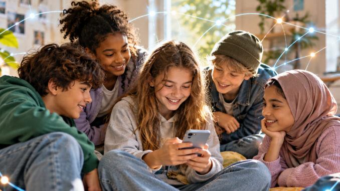 KI-generiertes Bild: Fünf Kinder unterschiedlicher Herkunft sitzen gemeinsam in einem hellen Raum und betrachten ein Smartphone. Leuchtende Linien symbolisieren ihre digitale Vernetzung.