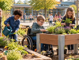 Kinder und Erwachsene gestalten gemeinsam einen Schulgarten. Ein Junge im Rollstuhl bepflanzt ein erhöhtes Hochbeet, während andere Kinder gießen und Blumen einsetzen.