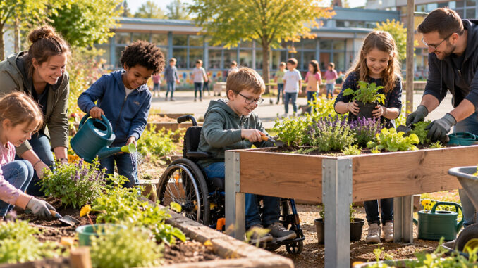 Kinder und Erwachsene gestalten gemeinsam einen Schulgarten. Ein Junge im Rollstuhl bepflanzt ein erhöhtes Hochbeet, während andere Kinder gießen und Blumen einsetzen.