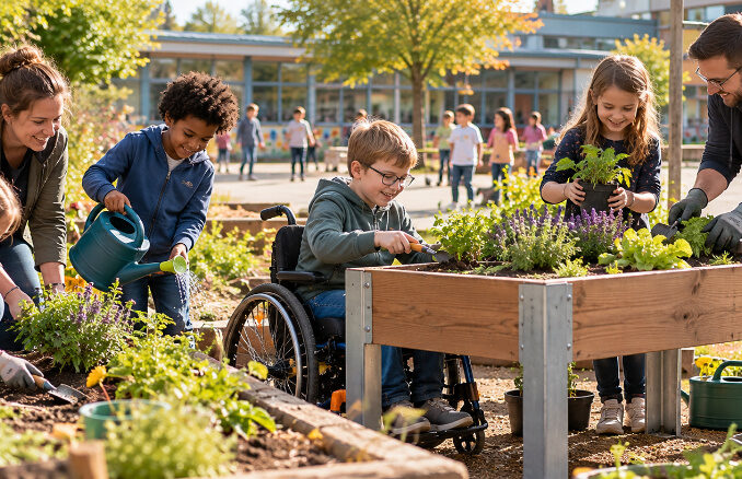 Kinder und Erwachsene gestalten gemeinsam einen Schulgarten. Ein Junge im Rollstuhl bepflanzt ein erhöhtes Hochbeet, während andere Kinder gießen und Blumen einsetzen.