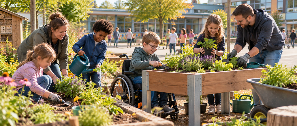 Kinder und Erwachsene gestalten gemeinsam einen Schulgarten. Ein Junge im Rollstuhl bepflanzt ein erhöhtes Hochbeet, während andere Kinder gießen und Blumen einsetzen.