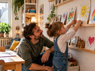 Ein Vater betrachtet lächelnd, wie seine Tochter in einer kleinen, hellen Wohnung ein selbst gemaltes Sonnenbild auf einer Bilderleiste platziert. Weitere Kinderzeichnungen und Bastelarbeiten sind ordentlich an der Wand ausgestellt.