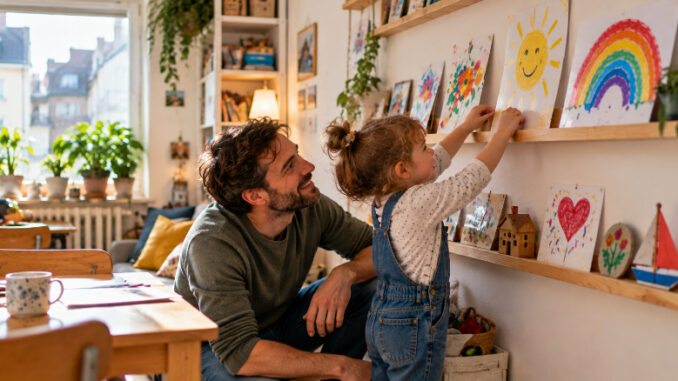 Ein Vater betrachtet lächelnd, wie seine Tochter in einer kleinen, hellen Wohnung ein selbst gemaltes Sonnenbild auf einer Bilderleiste platziert. Weitere Kinderzeichnungen und Bastelarbeiten sind ordentlich an der Wand ausgestellt.