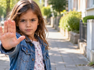 Ein Mädchen steht auf einem sonnigen Gehweg und hält seine offene Hand mit ausgestrecktem Arm nach vorne. Mit ernstem, entschlossenem Blick signalisiert es deutlich Stopp.