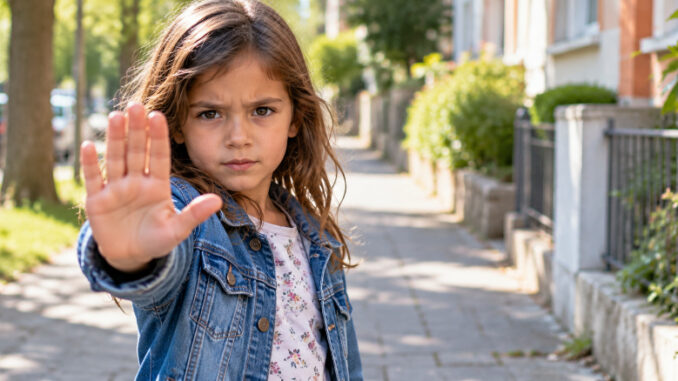 Ein Mädchen steht auf einem sonnigen Gehweg und hält seine offene Hand mit ausgestrecktem Arm nach vorne. Mit ernstem, entschlossenem Blick signalisiert es deutlich Stopp.