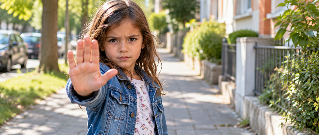 Ein Mädchen steht auf einem sonnigen Gehweg und hält seine offene Hand mit ausgestrecktem Arm nach vorne. Mit ernstem, entschlossenem Blick signalisiert es deutlich Stopp.