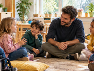 Ein männlicher Erzieher sitzt mit fünf vielfältigen Kindern, darunter einem Kind im Rollstuhl, im Kreis auf dem Boden eines hellen Kita-Gruppenraums. Ein Mädchen erzählt, während die anderen aufmerksam zuhören.