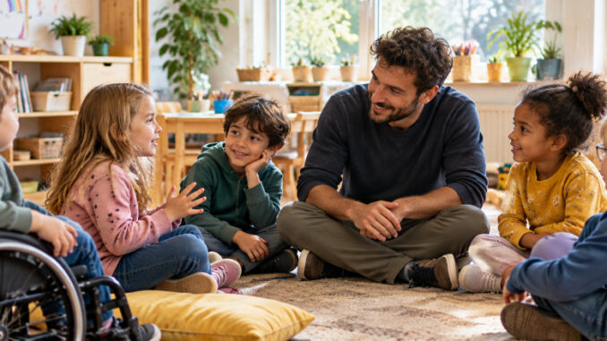 Ein männlicher Erzieher sitzt mit fünf vielfältigen Kindern, darunter einem Kind im Rollstuhl, im Kreis auf dem Boden eines hellen Kita-Gruppenraums. Ein Mädchen erzählt, während die anderen aufmerksam zuhören.