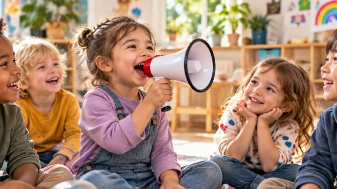 Ein Mädchen spricht lachend durch ein kleines Megafon. Vier weitere Kinder unterschiedlicher Herkunft sitzen um sie herum, lachen und hören aufmerksam zu. Die Szene spielt in einem hellen Kita-Gruppenraum.